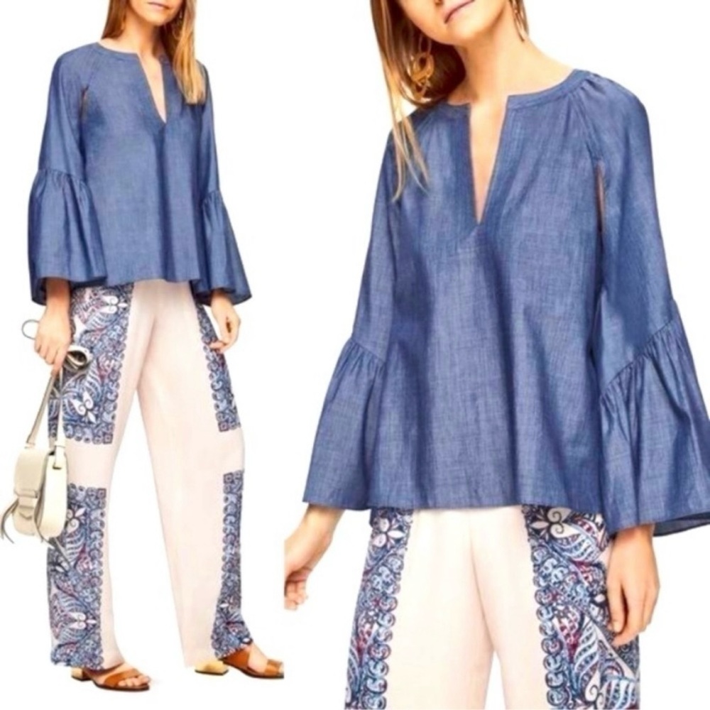 Boho Chic Electric BCBGMaxazria Chambray Unique Pleated Bell Sleeves Size XS